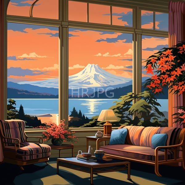 High Resolution: Elegant living room with large windows showcasing a stunning sunset over a lake and snow-capped mountain reflecting in calm waters download. | HRJPG.com