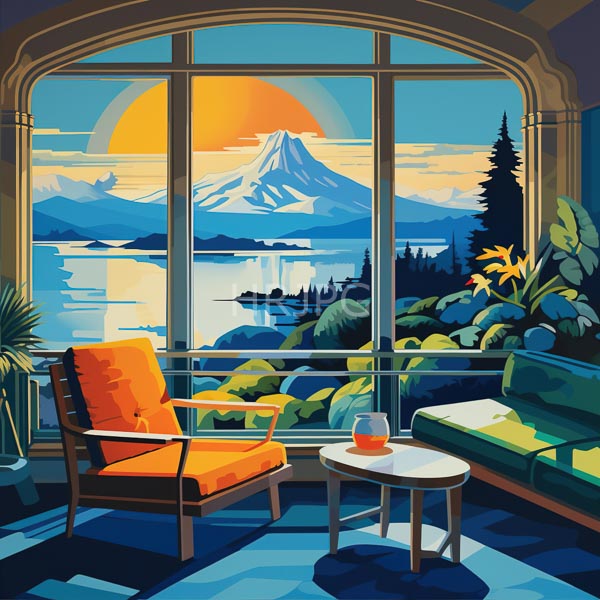 High Resolution: Indoor sunroom with large arched windows showcasing a vibrant sunset over mountains and water reflecting on glass panes download. | HRJPG.com