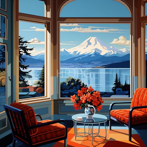 High Resolution: Elegant sunroom with large arched windows showcasing snow-capped mountains and a calm blue lake with two orange-patterned armchairs download. | HRJPG.com