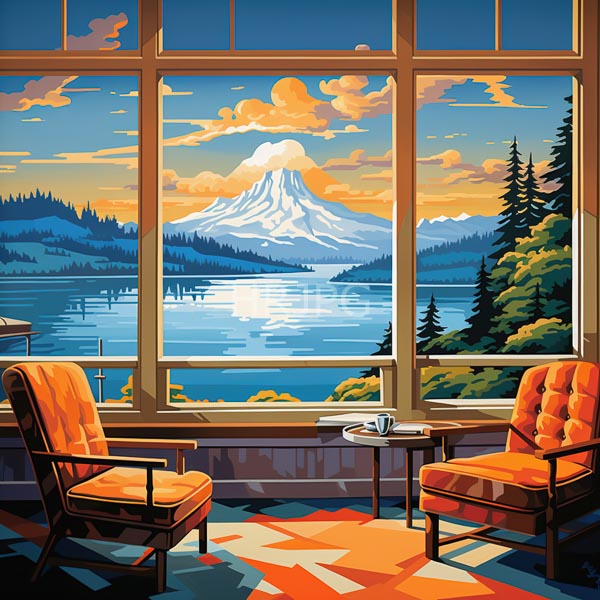 High Resolution: Indoor room with large windows showcasing a stunning sunset over a lake and snow-capped mountain framed by pine trees download. | HRJPG.com