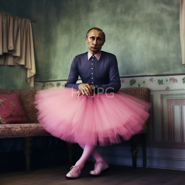 High Resolution: Older bald man wears a navy blue button-up shirt and a pink tulle tutu over white leggings sitting on vintage floral-patterned furniture download. | HRJPG.com