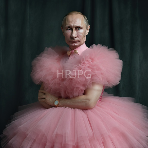 High Resolution: Elderly Caucasian man with a balding head wears a voluminous pink tulle ball gown with a matching bow tie and wristwatch against a dark green velvet backdrop download. | HRJPG.com