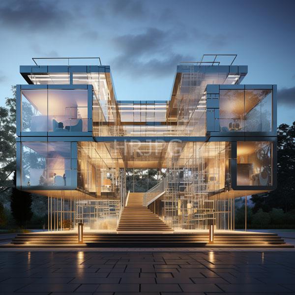 High Resolution: Modern glass-encased house at dusk with illuminated interior and exterior steps transparent walls reveal furnished rooms on multiple levels download. | HRJPG.com