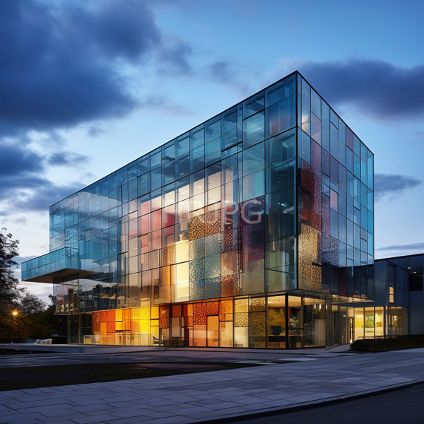 High Resolution: Modern glass building at dusk features reflective blue-tinted windows with colorful patterned panels inside illuminated by warm yellow and orange lights download. | HRJPG.com