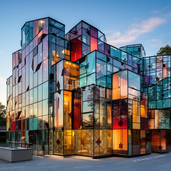 High Resolution: Avant-garde multi-story building at dusk with geometric glass facades in varying colors teal blue red orange and purple hues reflecting warm interior lights download. | HRJPG.com