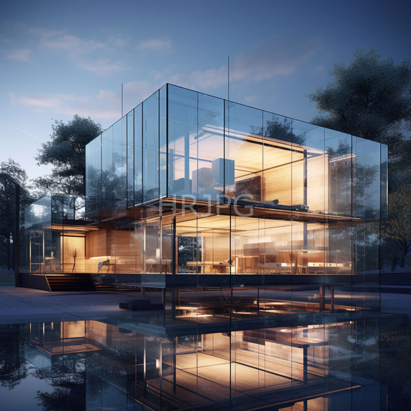 High Resolution: Modern glass-walled house at dusk with a reflective water pool in the foreground warm interior lights illuminate minimalist furniture and open spaces download. | HRJPG.com