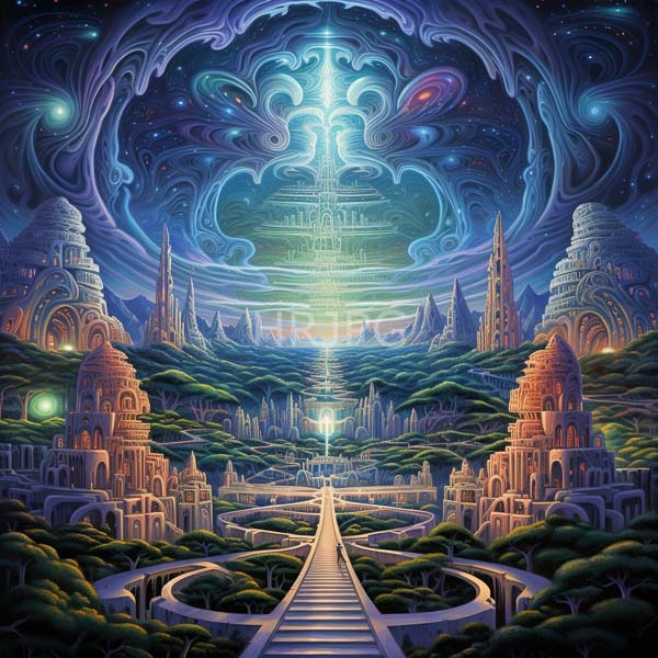 High Resolution: Ethereal futuristic cityscape with towering spires and intricate architecture surrounded by lush greenery leading to distant structures under swirling cosmic patterns download. | HRJPG.com