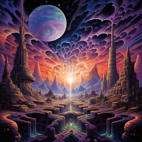 High Resolution: Otherworldly futuristic cityscape at sunset with vibrant purples and oranges in swirling clouds above towering spires and a central bright sun-like light download. | HRJPG.com