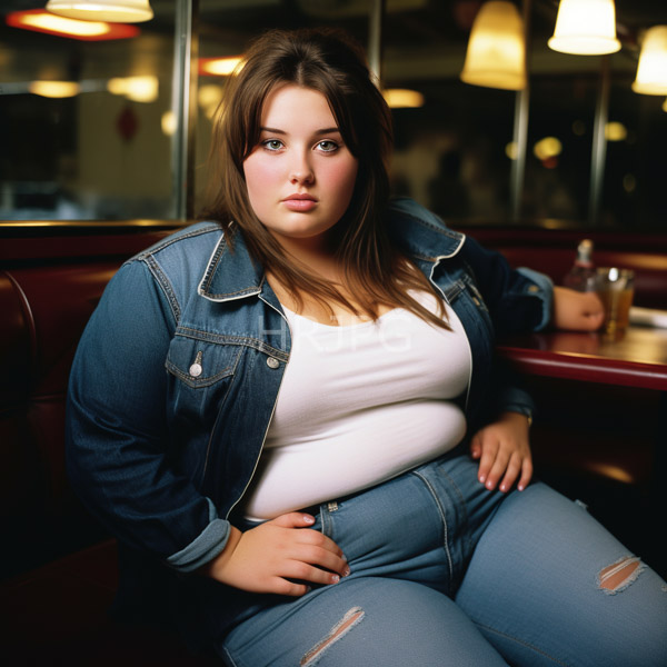 High Resolution: Overweight fair-skinned woman with brown hair sits in a dim-lit diner booth wearing ripped blue jeans and a white tank top under a denim jacket download. | HRJPG.com