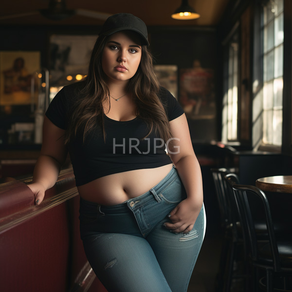 High Resolution: Attractive curvy Latina woman with long brown hair and light olive skin stands in a dim-lit cafe wears a black crop top and blue ripped jeans revealing her midriff download. | HRJPG.com