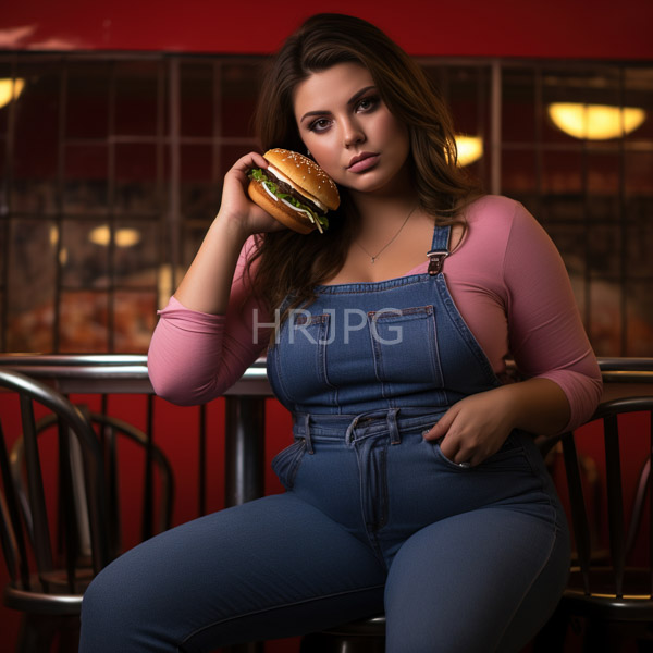 High Resolution: Attractive young woman with light olive skin and long brown hair sits in a retro diner wearing blue denim overalls over a pink long-sleeve shirt download. | HRJPG.com