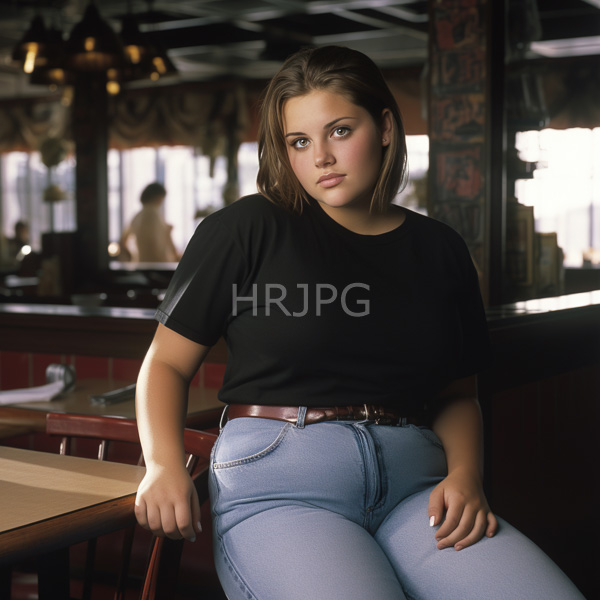 High Resolution: Attractive young woman with light skin and shoulder-length brown hair wears a black t-shirt tucked into high-waisted blue jeans sitting on a wooden bar stool in dim lighting download. | HRJPG.com