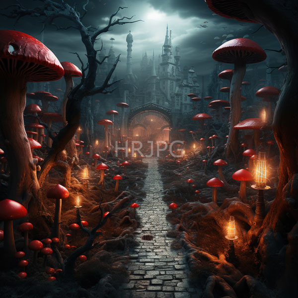 High Resolution: Eerie moonlit forest path lined with giant red-capped mushrooms and twisted trees leading to a glowing-lamp-adorned Gothic castle in the background download. | HRJPG.com