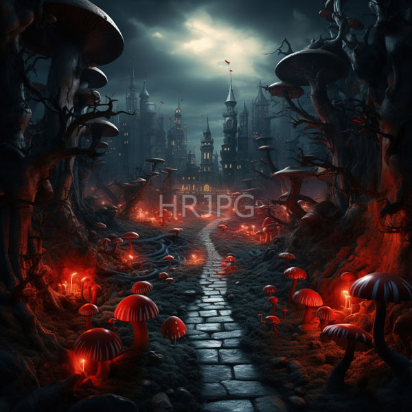 High Resolution: Eerie moonlit forest path lined with glowing red mushrooms and twisted trees leading to a dark Gothic castle in the background reflecting light on the cobblestone pathway download. | HRJPG.com