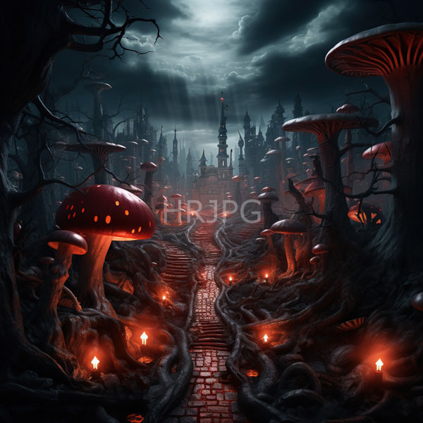 High Resolution: Eerie dark forest path lined with glowing red mushrooms and twisted roots under moonlight leading to a gothic castle amidst a stormy sky download. | HRJPG.com