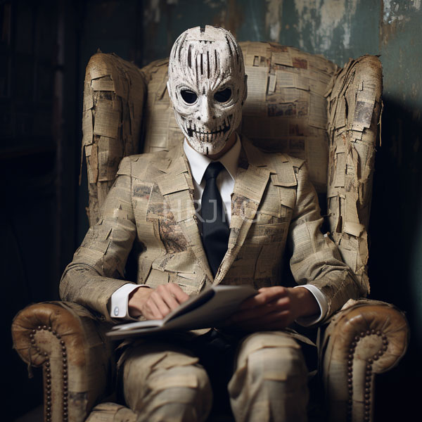High Resolution: Eerie figure seated in a worn patterned armchair wears a beige plaid suit and a skull mask holding open papers on their lap download. | HRJPG.com