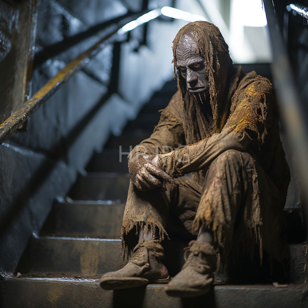 High Resolution: Elderly grimy man with long brown dreadlocks and weathered skin sits on darkened stairs in dim light wearing tattered clothes covered in dirt download. | HRJPG.com