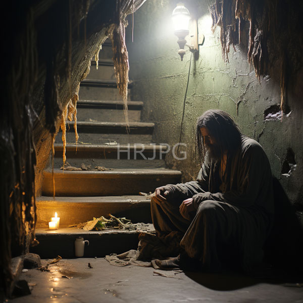 High Resolution: Elderly bearded man with long gray hair sitting in a dim cave-like space on stone steps beside lit candles and debris wearing tattered clothes download. | HRJPG.com