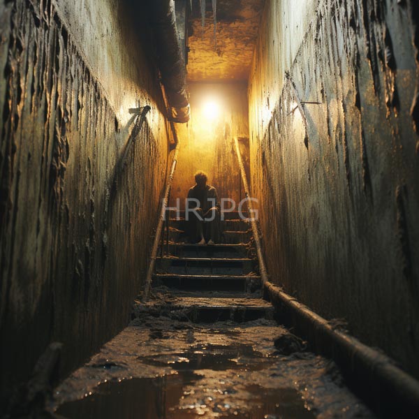 High Resolution: Eerie narrow stairway in dim light with rough-textured walls and water puddles at its end sits one person silhouetted against bright sunlight from above download. | HRJPG.com