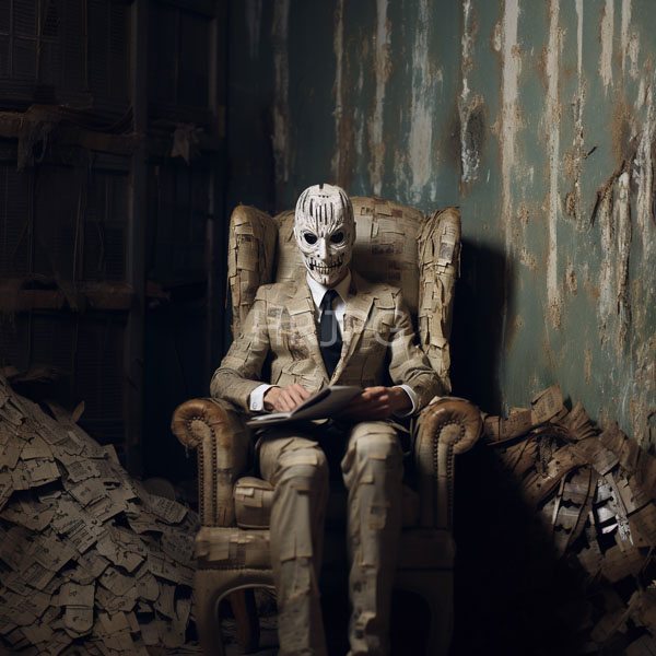 High Resolution: Eerie scene features a person in a tan camouflage-patterned suit and white mask with black markings sitting on a worn armchair amidst rubble holding papers download. | HRJPG.com