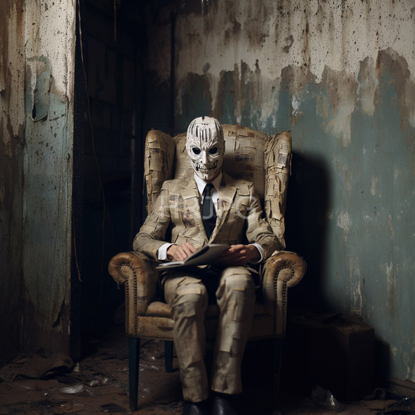 High Resolution: Eerie masked man in a tan camouflage suit and tie sitting on a worn armchair against a peeling green wall holds papers with dark shadows download. | HRJPG.com