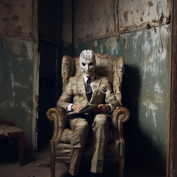 High Resolution: Eerie masked man in a beige camouflage suit and tie sitting on a worn armchair with a white mask featuring black patterns holds papers download. | HRJPG.com