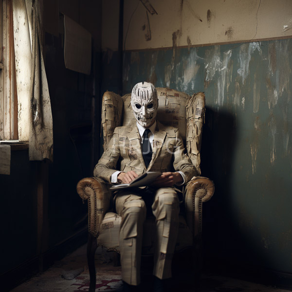 High Resolution: Eerie scene features a man in a tan camouflage suit and tie seated on a worn armchair with a white skull mask resembling Joker holding papers download. | HRJPG.com