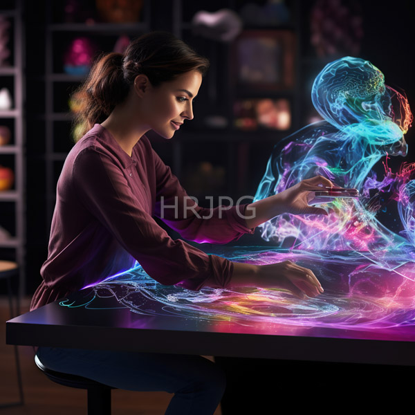 High Resolution: Asian woman with dark hair in a ponytail wearing a maroon long-sleeve shirt sits at a black table illuminated by colorful digital light trails resembling neon art download. | HRJPG.com