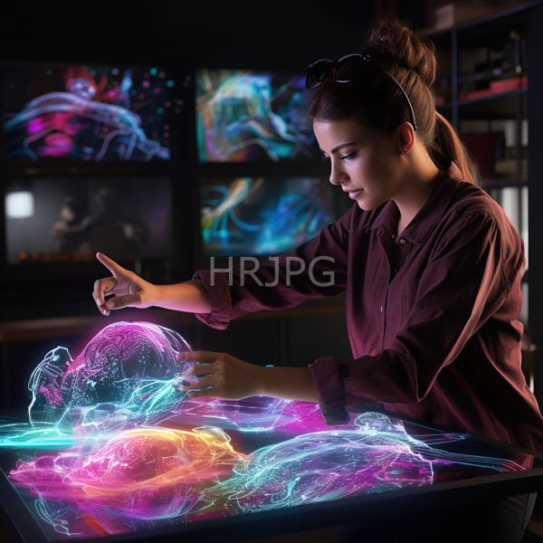 High Resolution: Asian woman with dark hair in a bun wears sunglasses on her head interacting with vibrant neon light sculptures resembling jellyfish over a table download. | HRJPG.com