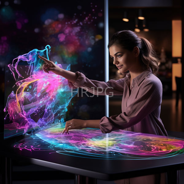 High Resolution: Asian woman with light brown skin and dark hair in a ponytail wears a pink blouse interacting digitally on a glowing neon-lit table displaying colorful abstract patterns download. | HRJPG.com
