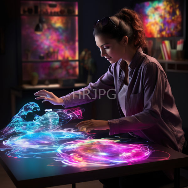 High Resolution: Asian woman with dark hair in a ponytail wears a purple button-up shirt and glasses on her head creating colorful light patterns using her hands over a glowing table download. | HRJPG.com