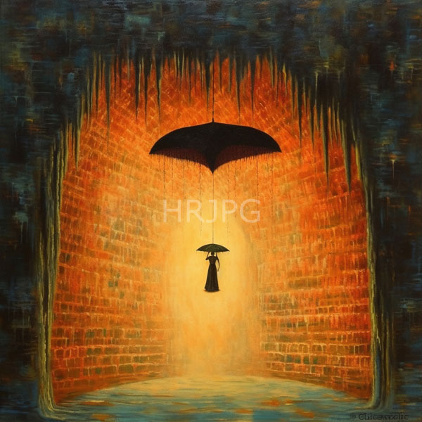 High Resolution: Oil painting depicts two black umbrellas hanging from strings centered in front of glowing red brick walls with icicle-like drips download. | HRJPG.com