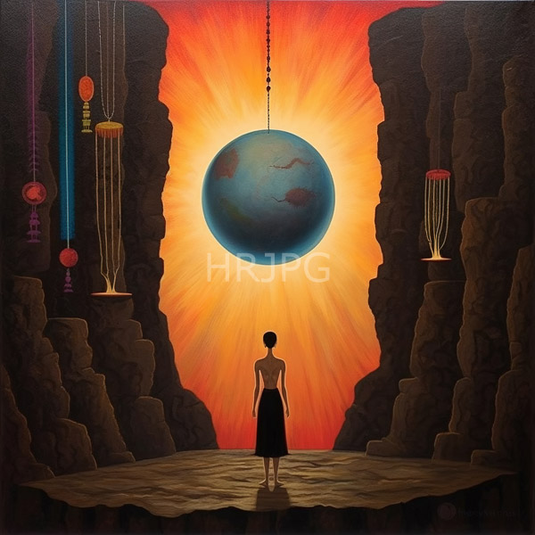 High Resolution: Ethereal scene with dark rocky cliffs and vibrant orange light radiating from behind a bare-chested person facing a large blue planet suspended by chains download. | HRJPG.com