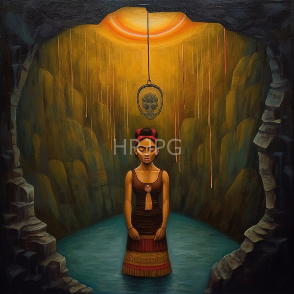 High Resolution: Indigenous woman with dark skin and a red headband stands in turquoise water within a cave-like structure illuminated by warm yellow light from above download. | HRJPG.com