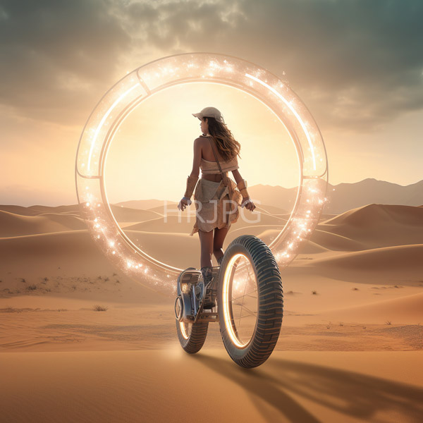 High Resolution: Woman with long brown hair wears a beige sunhat and tattered dress riding an illuminated hoverbike in a desert at sunset surrounded by glowing circular lights download. | HRJPG.com