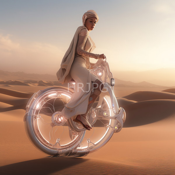 High Resolution: African woman with dark skin wears a white headscarf and flowing beige robes riding a futuristic transparent bicycle glowing softly in desert sand dunes at sunset download. | HRJPG.com