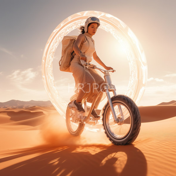 High Resolution: Asian woman with light brown skin wears beige pants and top riding an off-road bike in a desert at sunset with a large tan backpack download. | HRJPG.com