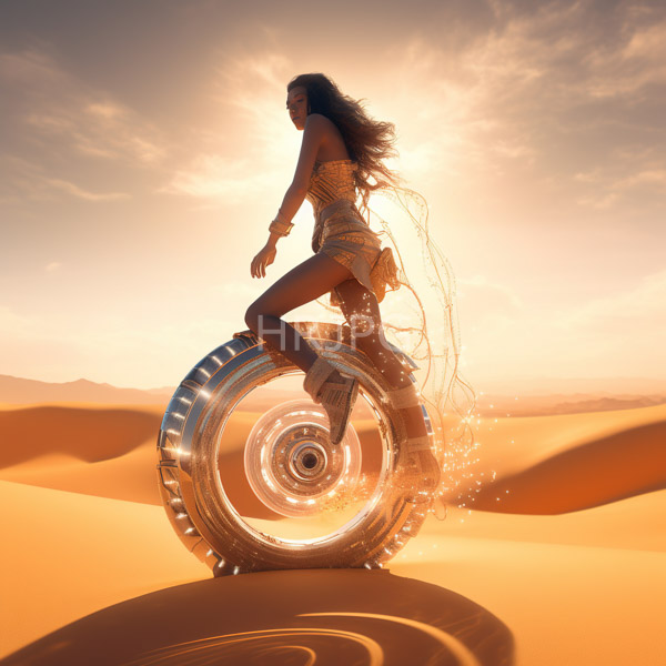 High Resolution: Athletic dark-skinned woman with long brown hair riding on top of a large metallic wheel in a golden desert at sunset wears a gold-patterned bikini download. | HRJPG.com