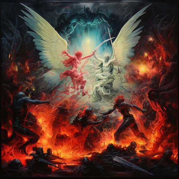 High Resolution: Vivid fantasy painting depicts an epic battle between two angelic figures with wings and swords one red-skinned the other white-winged above dark armored warriors download. | HRJPG.com