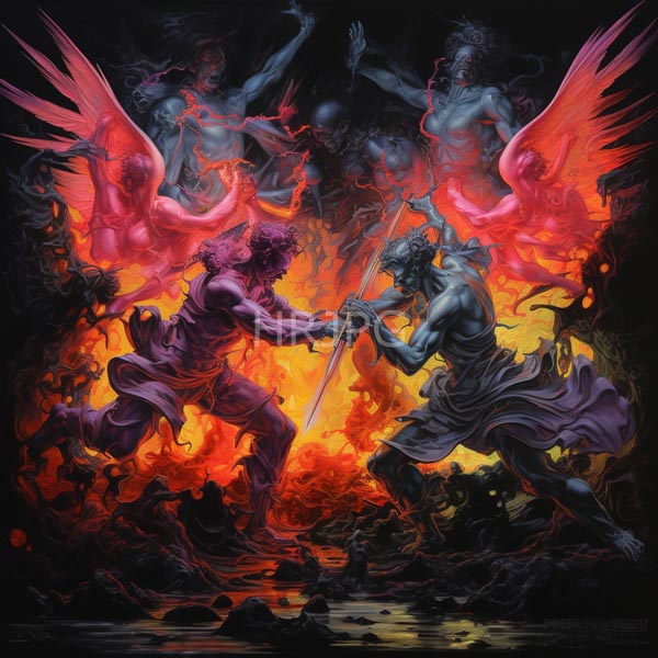 High Resolution: Intense battle between two muscular classical-style male figures with wings and fiery hair one in purple the other clad in grey wielding a sword amidst orange flames download. | HRJPG.com