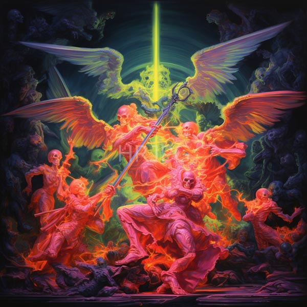 High Resolution: Intense fiery battle scene with six skeletal warriors wielding swords and spears around a central figure holding a staff and a large winged skeleton angel download. | HRJPG.com