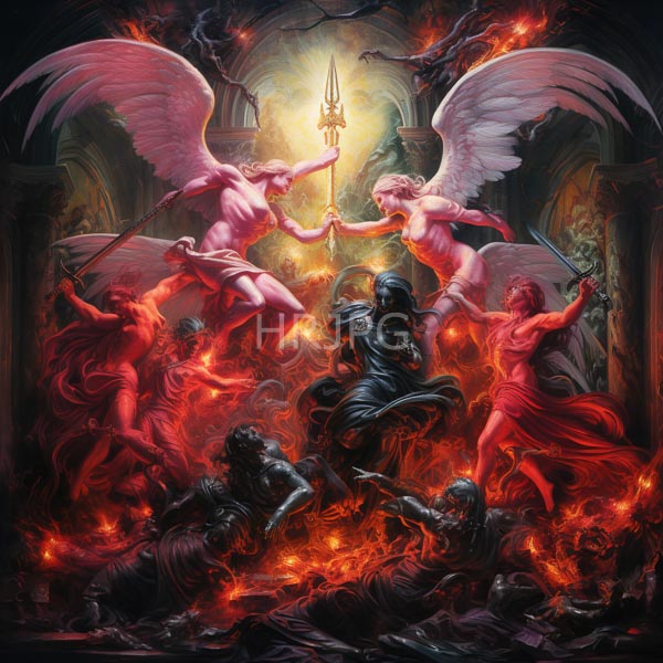 High Resolution: Epic battle between two winged nude angelic figures with pink skin and white wings holding tridents against armored dark-skinned warriors amidst fiery chaos download. | HRJPG.com