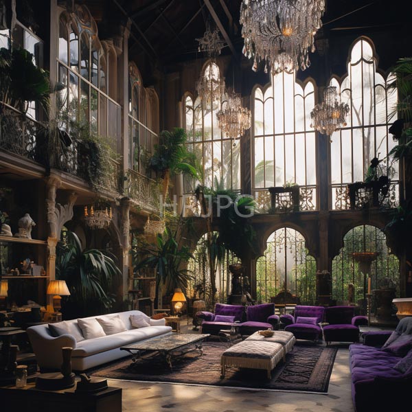 High Resolution: Opulent Victorian-style living room with high ceilings and large arched windows features ornate crystal chandeliers and a plush white sofa download. | HRJPG.com