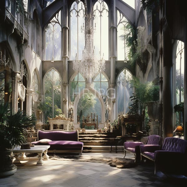 High Resolution: Opulent Gothic-style living room with tall arched windows and intricate stone columns features luxurious purple velvet sofas around ornate white marble tables download. | HRJPG.com