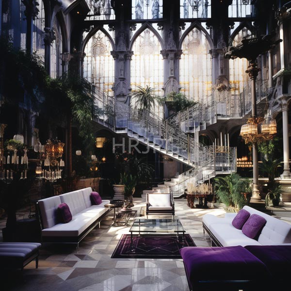 High Resolution: Opulent Gothic-style living room with high arched ceilings and intricate stone carvings features white sofas with purple cushions on marble floors download. | HRJPG.com