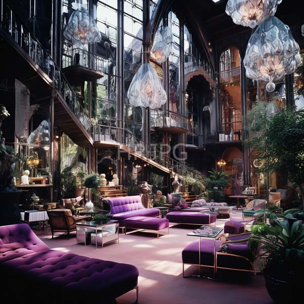 High Resolution: Opulent Victorian-style greenhouse lounge with high arched windows and intricate metalwork balconies features plush purple velvet sofas and crystal chandeliers download. | HRJPG.com