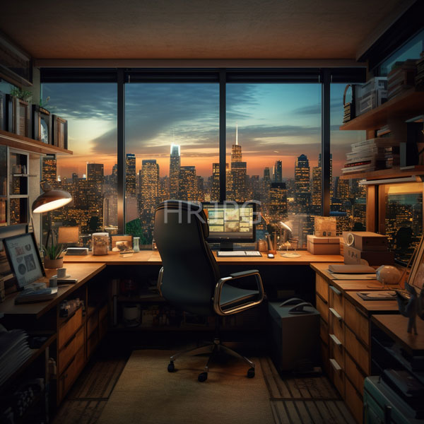 High Resolution: Organized modern home office at sunset with large windows showcasing a city skyline filled with illuminated skyscrapers against a colorful sky download. | HRJPG.com