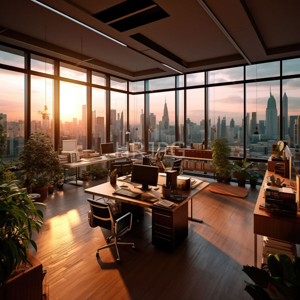 High Resolution: Elegant sunlit office with floor-to-ceiling windows showcasing New York City's skyline at sunset features wooden floors multiple desks and ergonomic chairs download. | HRJPG.com