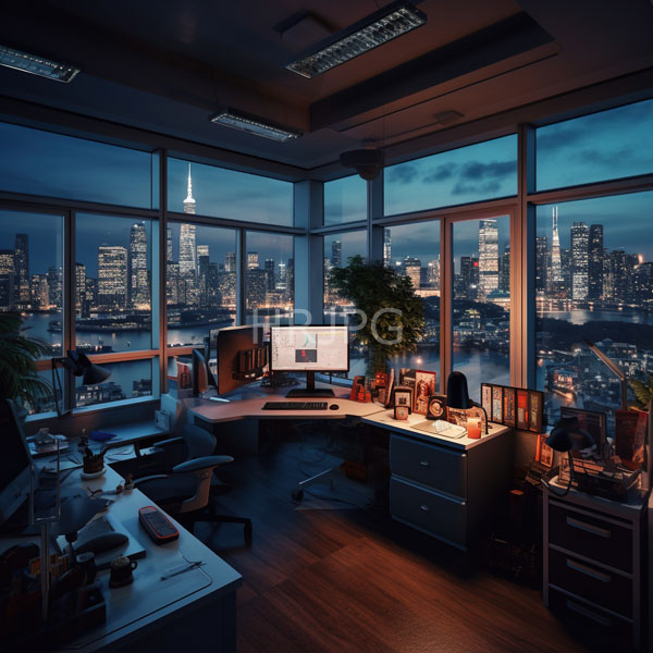 High Resolution: Illuminated modern office at night with floor-to-ceiling windows showcasing a city skyline and river below two computer monitors on desks download. | HRJPG.com