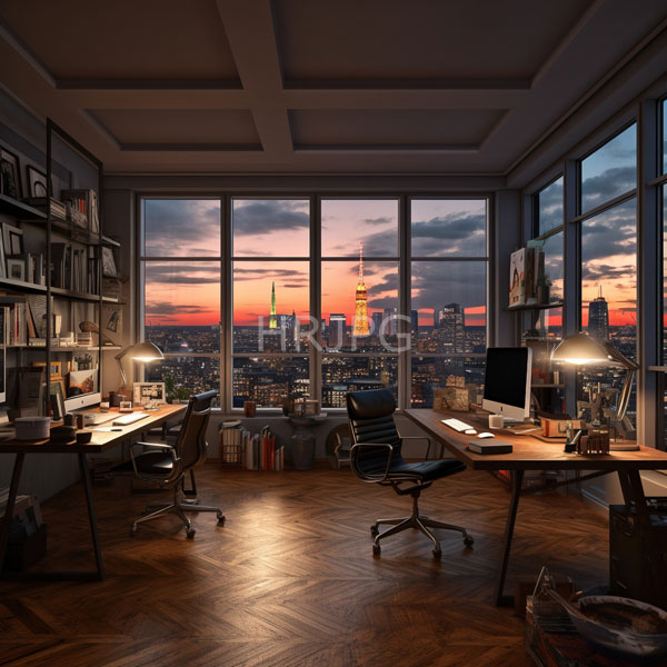 High Resolution: Modern dim-lit office at sunset with large floor-to-ceiling windows showcasing a city skyline and illuminated skyscrapers two wooden desks with monitors download. | HRJPG.com